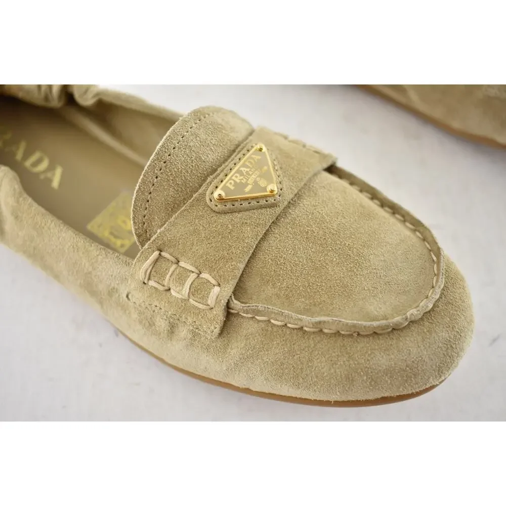 Prada Ecru Beige Suede Logo Scrunch Loafer Ballerina Ballet Moccasin Flat 38 - Picture 6 of 16